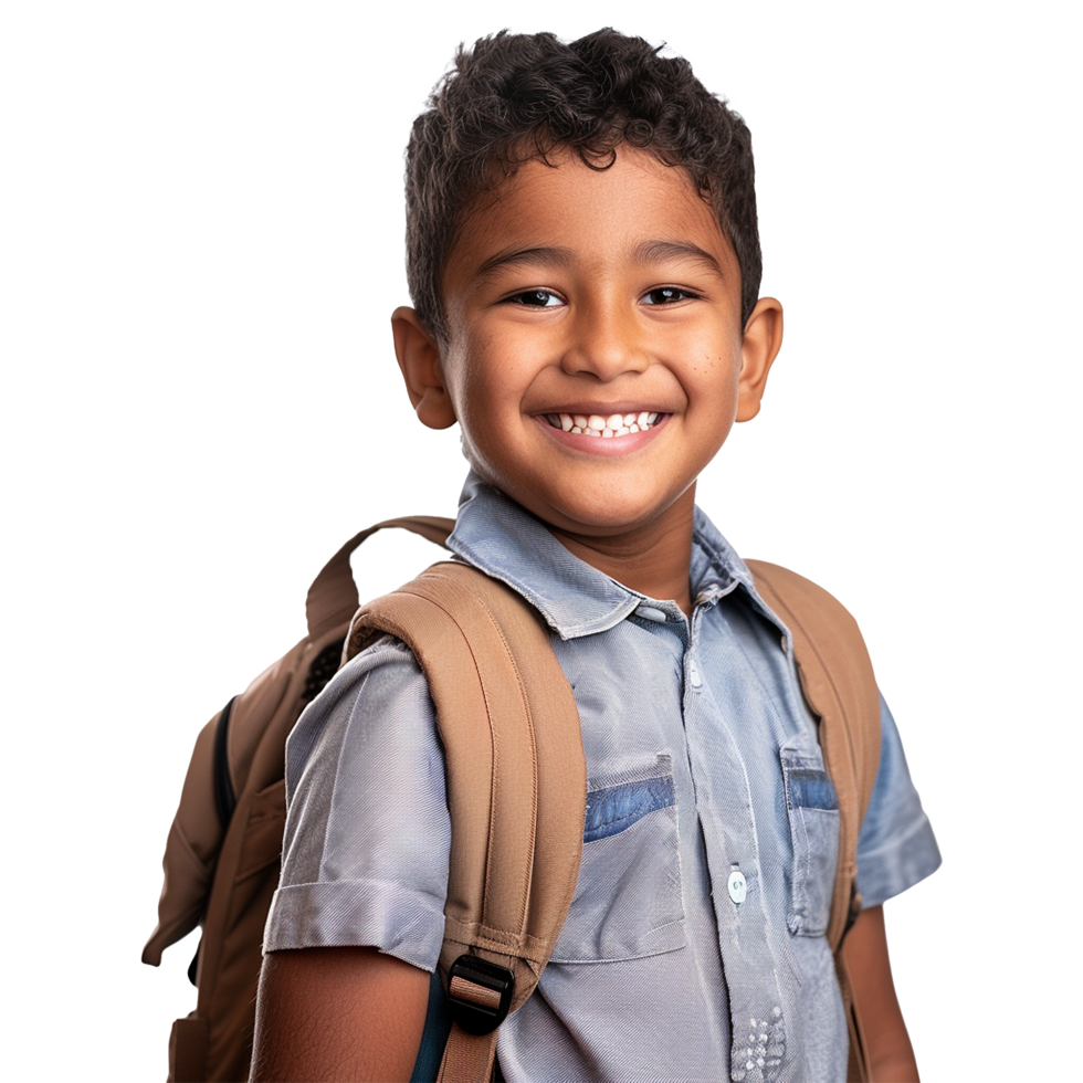 A boy smiling as he smiles with a backpack isolated on transparent background png