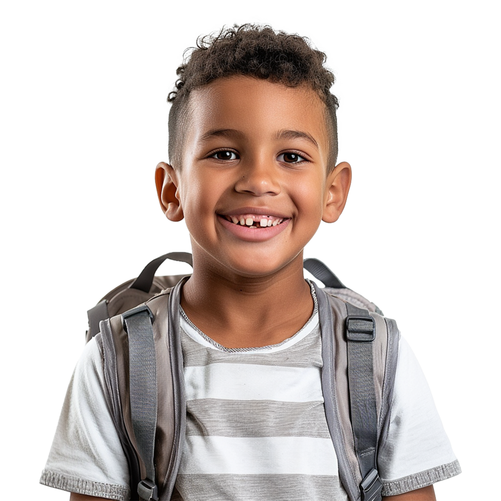 A boy smiling as he smiles with a backpack isolated on transparent background png
