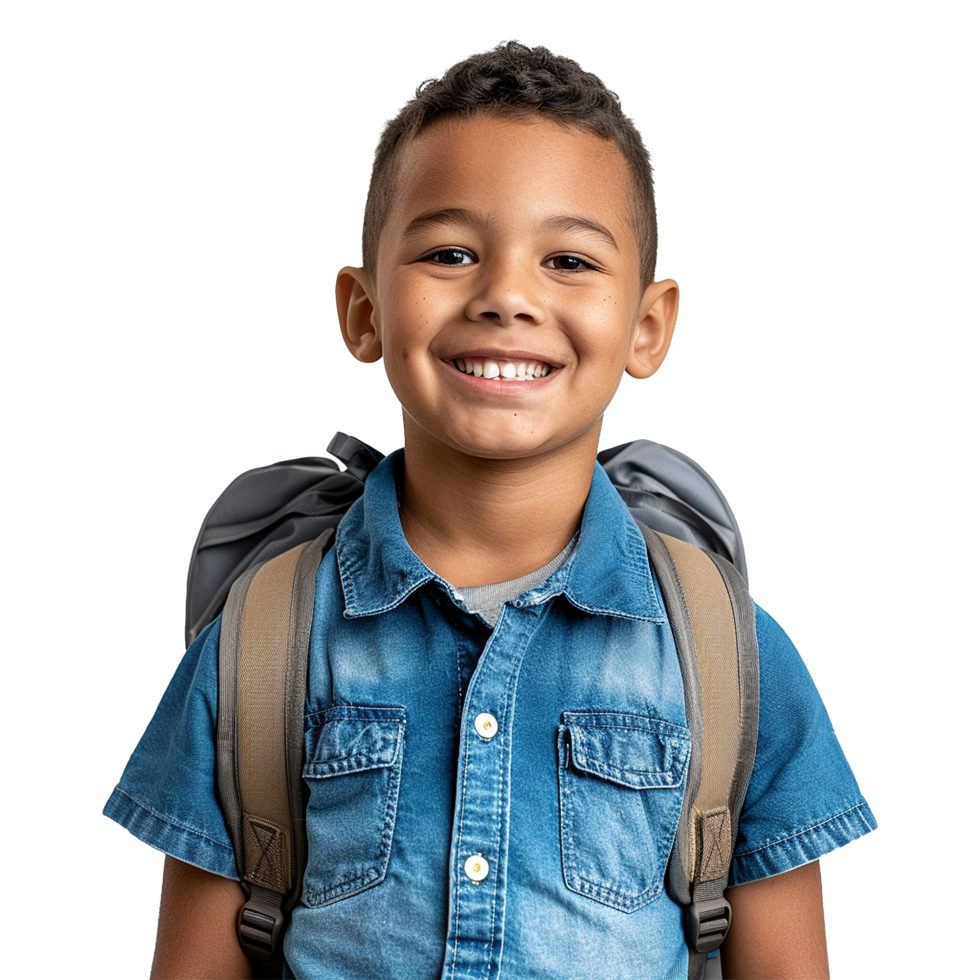 A boy smiling as he smiles with a backpack isolated on transparent background png