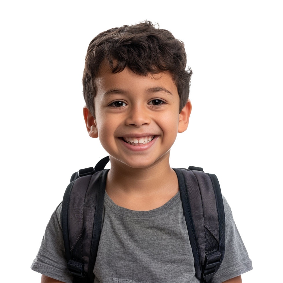 A boy smiling as he smiles with a backpack isolated on transparent background png