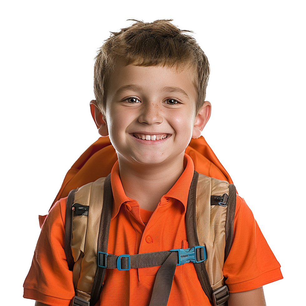 A boy smiling as he smiles with a backpack isolated on transparent background png