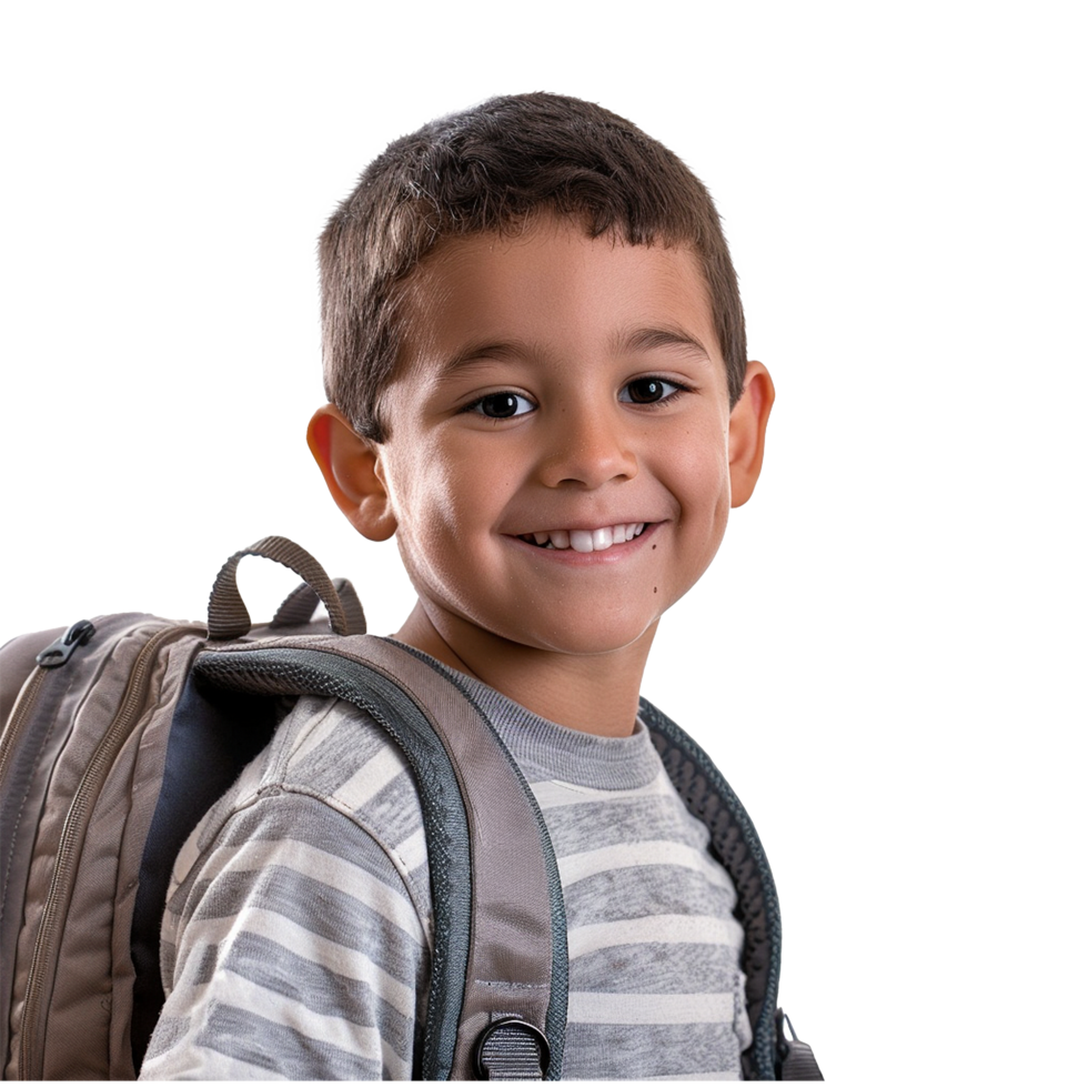 A boy smiling as he smiles with a backpack isolated on transparent background png