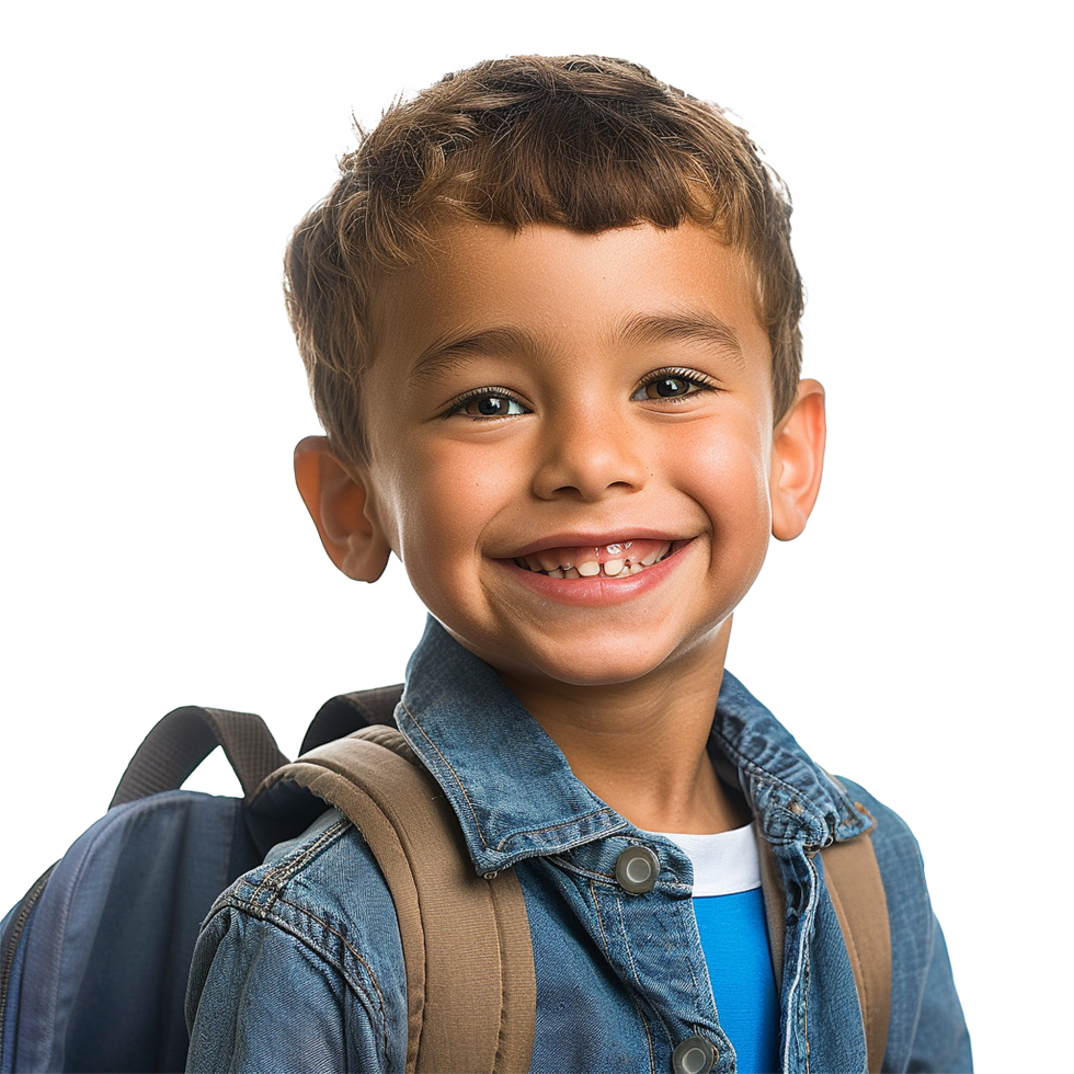A boy smiling as he smiles with a backpack isolated on transparent background png