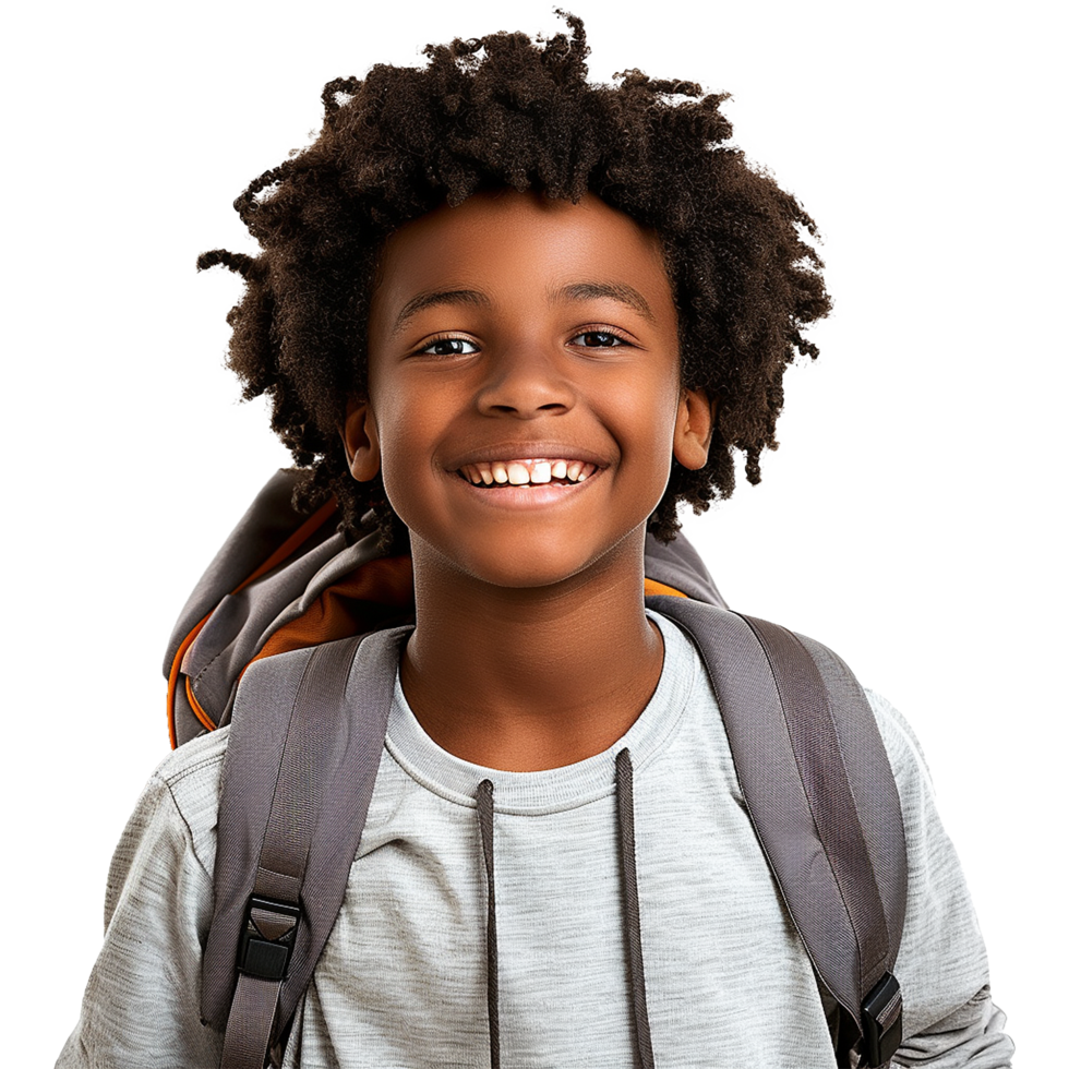 A boy smiling as he smiles with a backpack isolated on transparent background png