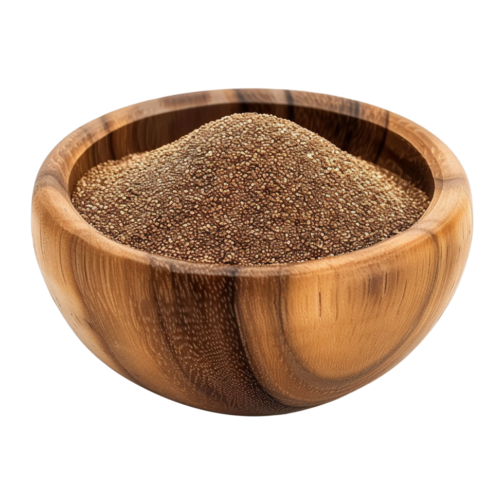 Brown teff grain in a wooden bowl isolated on transparent background png