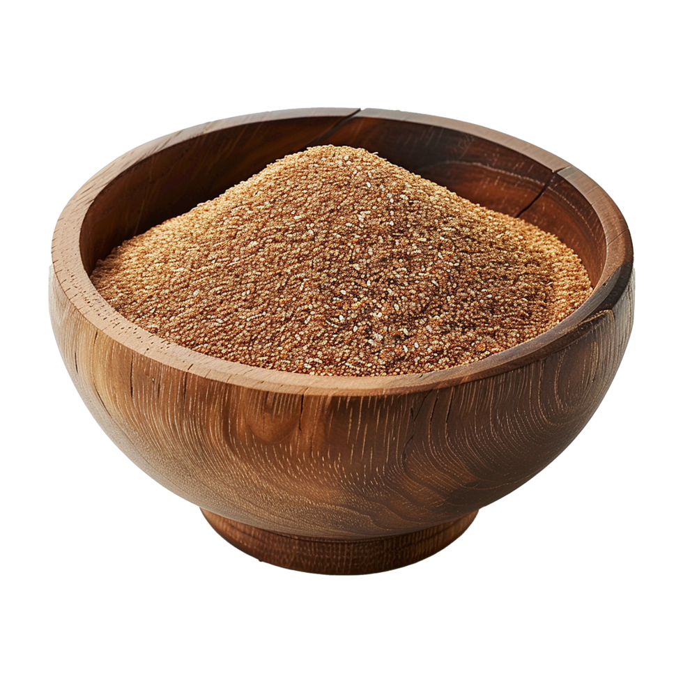 Brown teff grain in a wooden bowl isolated on transparent background png