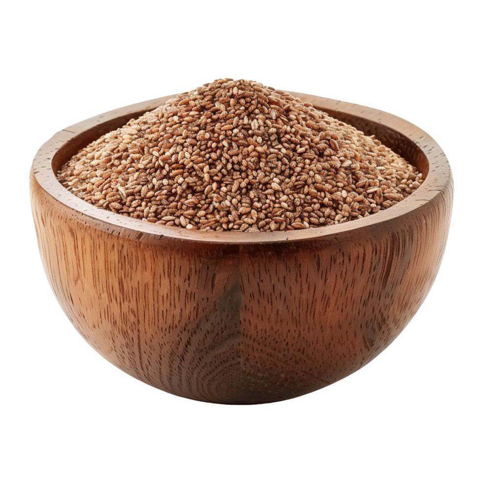 Brown teff grain in a wooden bowl isolated on transparent background png