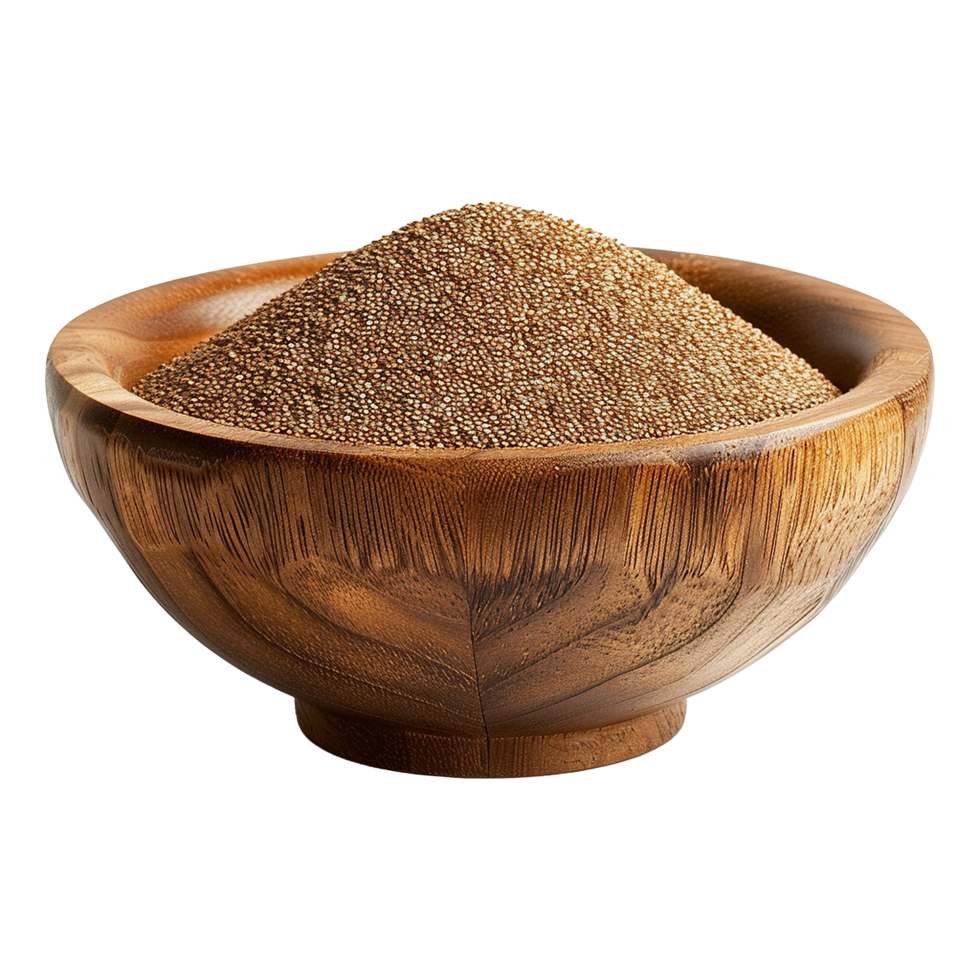 Brown teff grain in a wooden bowl isolated on transparent background png