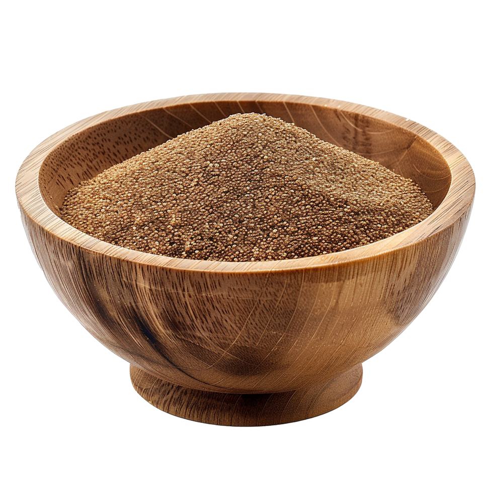 Brown teff grain in a wooden bowl isolated on transparent background png