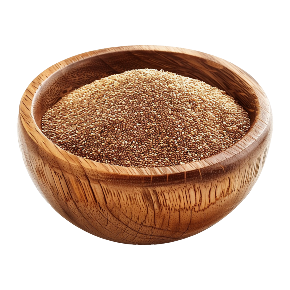 Brown teff grain in a wooden bowl isolated on transparent background png