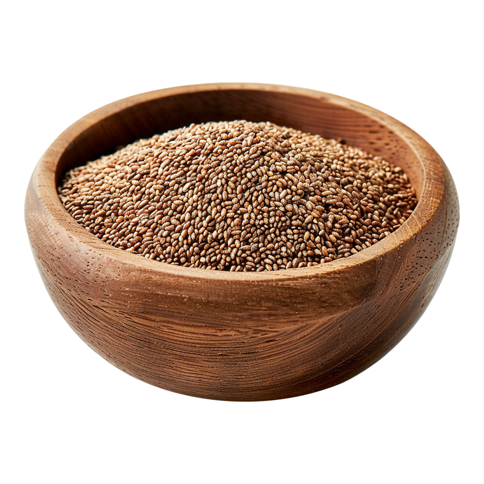 Brown teff grain in a wooden bowl isolated on transparent background png