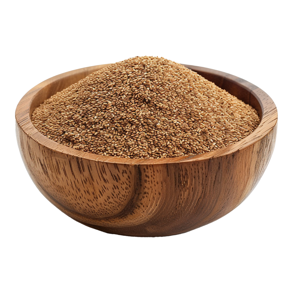 Brown teff grain in a wooden bowl isolated on transparent background png