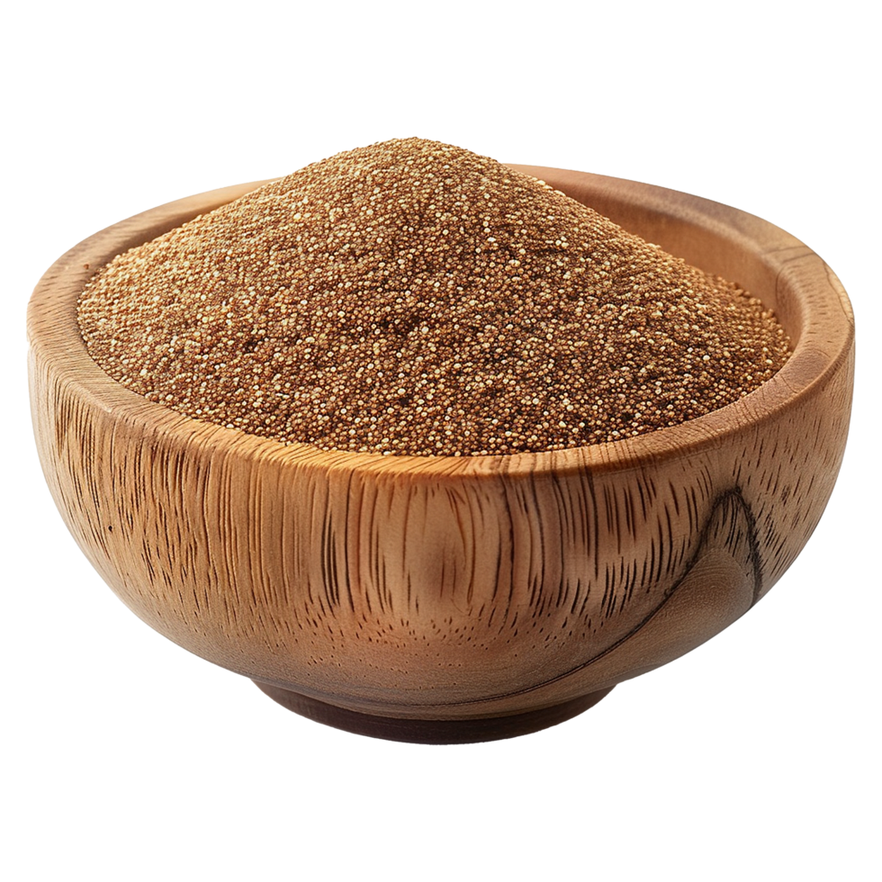 Brown teff grain in a wooden bowl isolated on transparent background png