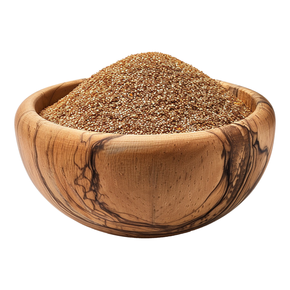 Brown teff grain in a wooden bowl isolated on transparent background png