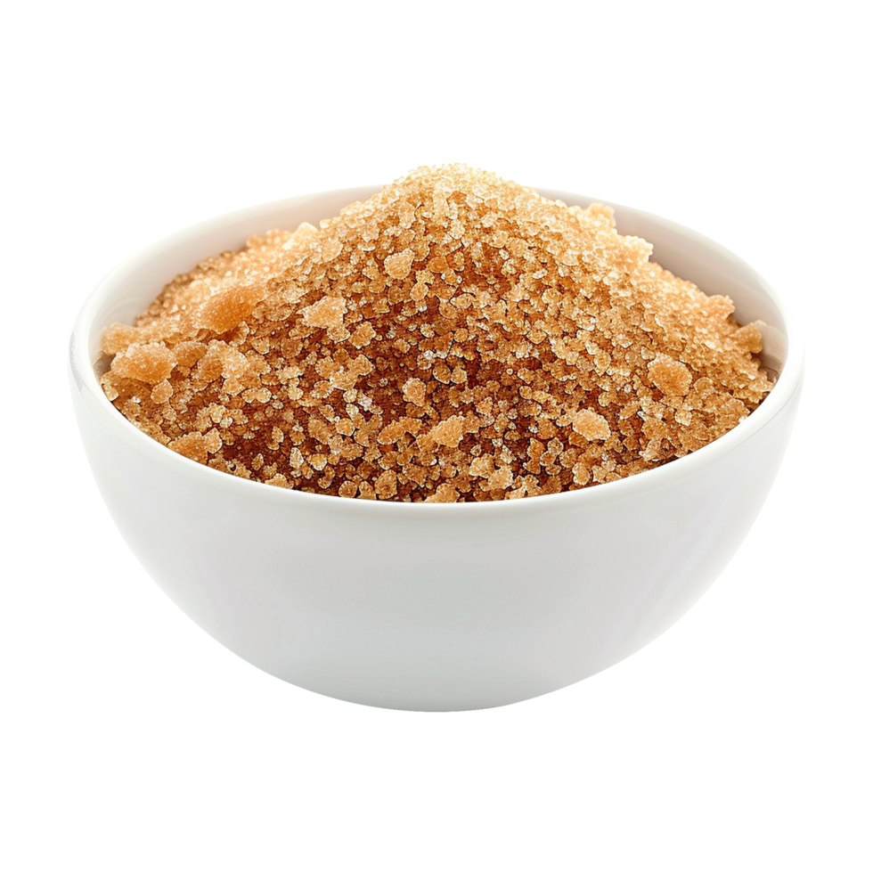 Brown cane sugar pile in white bowl isolated on transparent background png