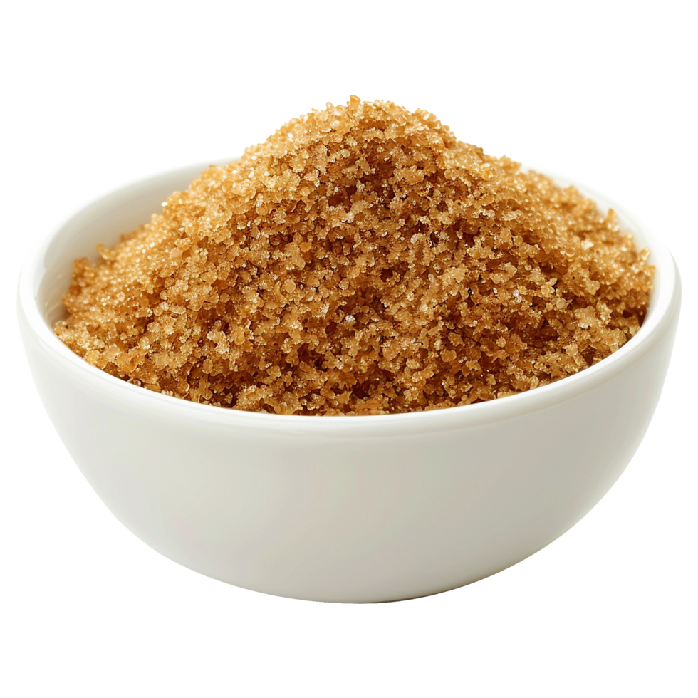 Brown cane sugar pile in white bowl isolated on transparent background png