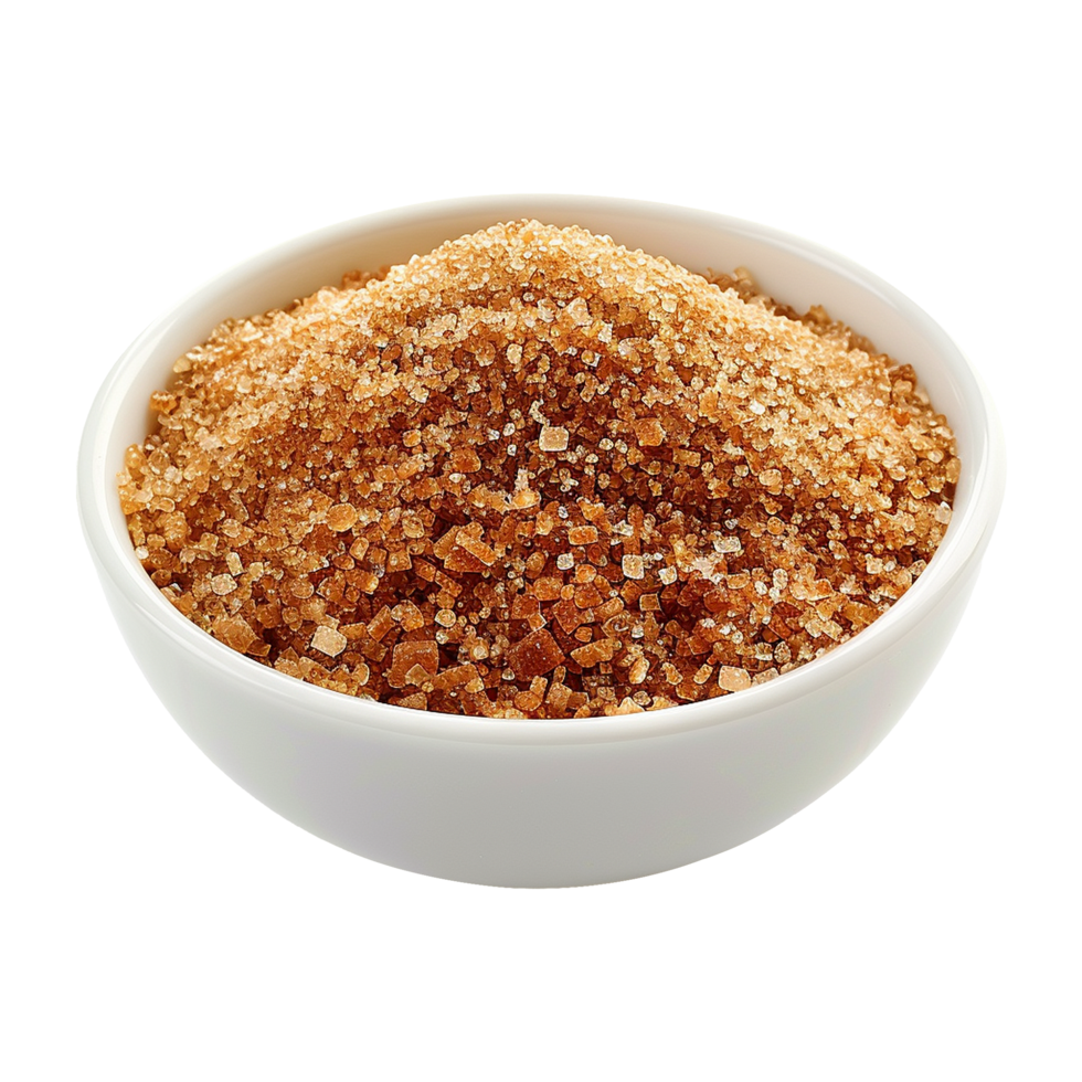 Brown cane sugar pile in white bowl isolated on transparent background png