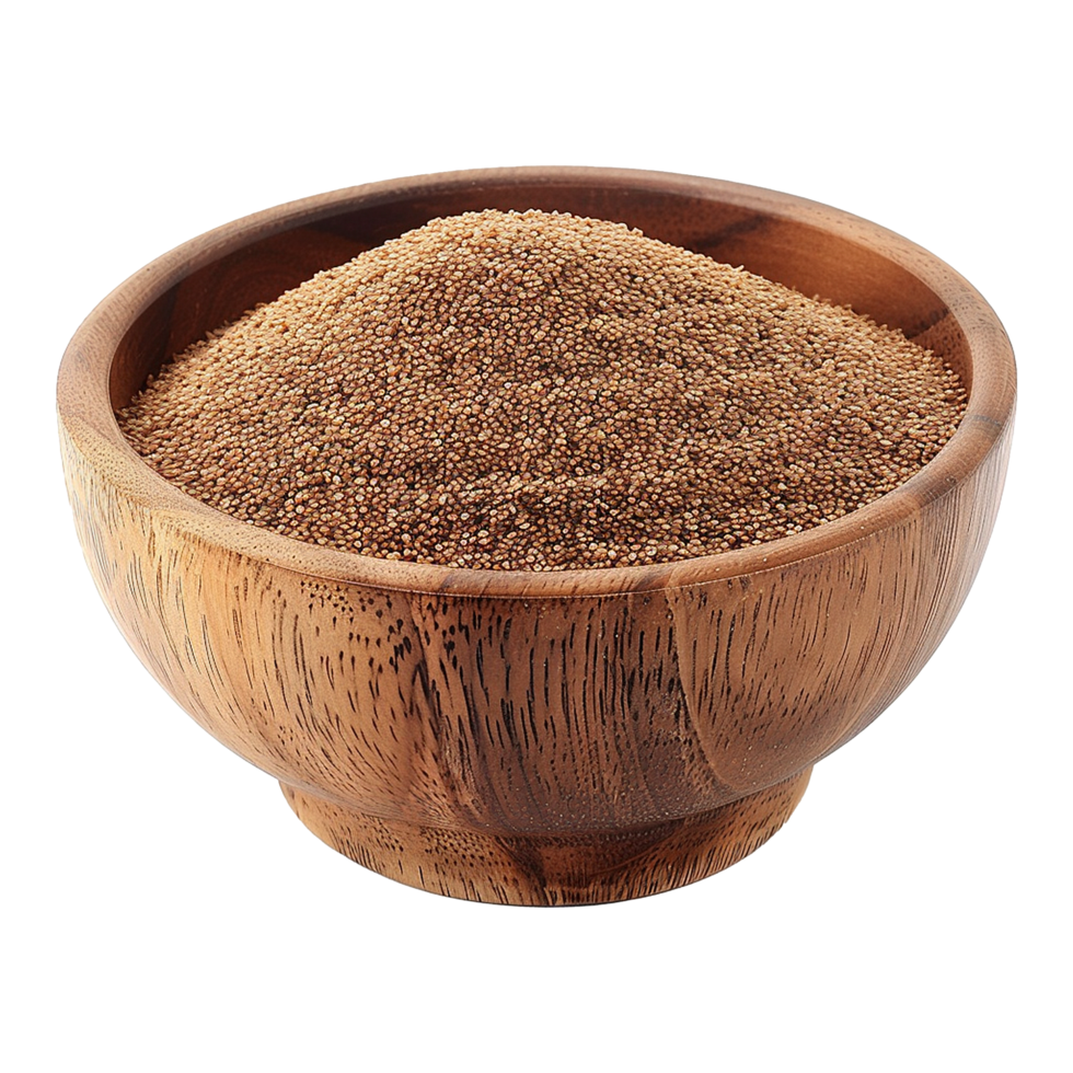 Brown teff grain in a wooden bowl isolated on transparent background png