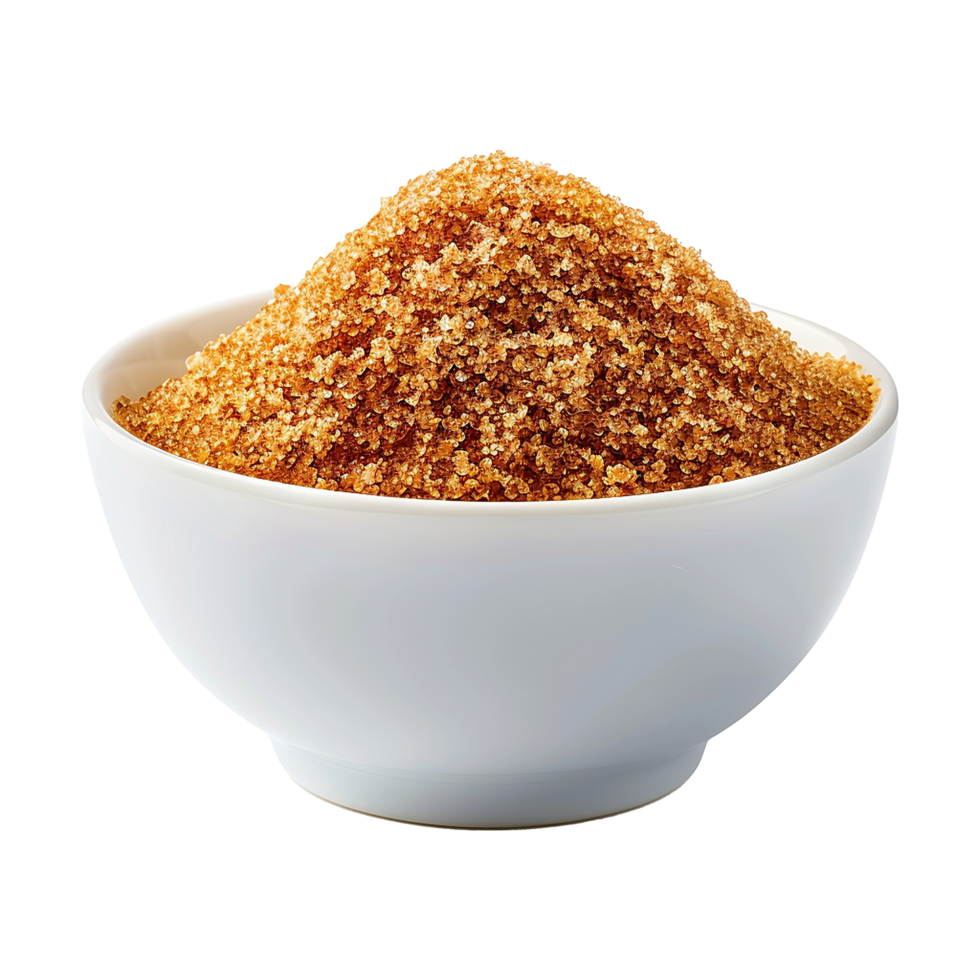 Brown cane sugar pile in white bowl isolated on transparent background png