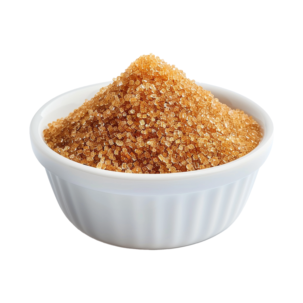 Brown cane sugar pile in white bowl isolated on transparent background png