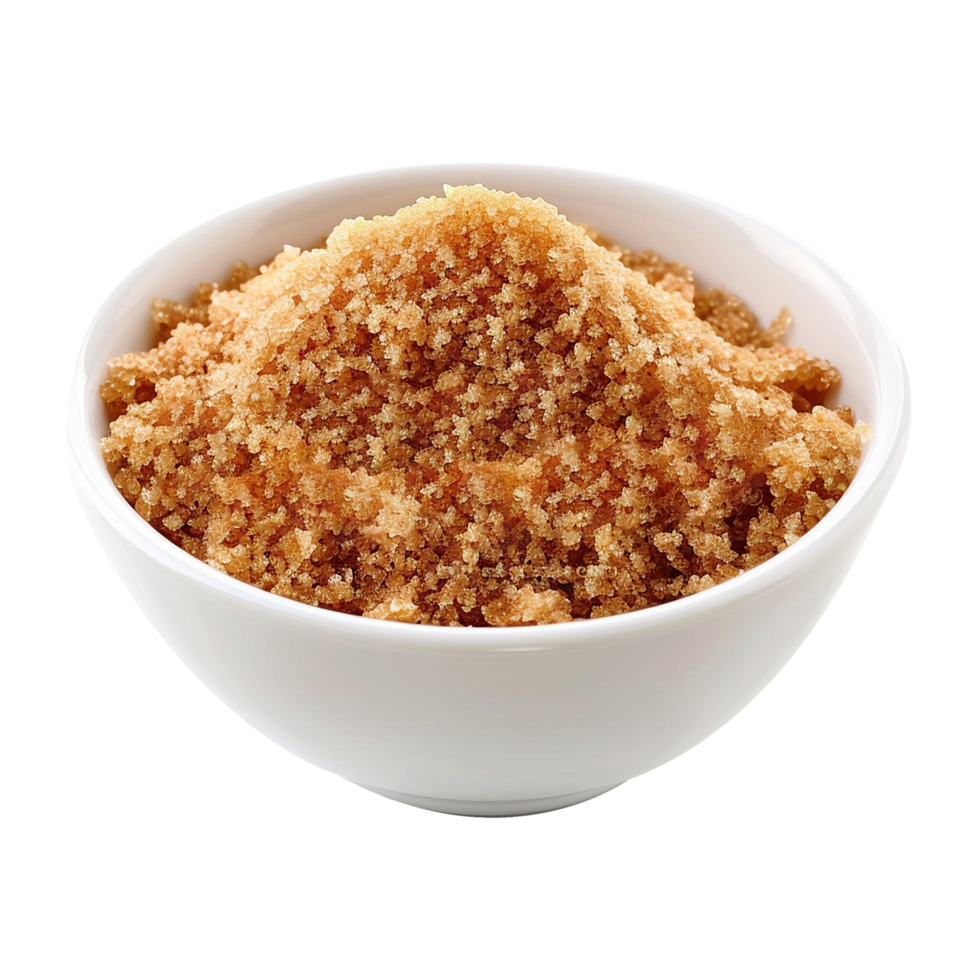 Brown cane sugar pile in white bowl isolated on transparent background png