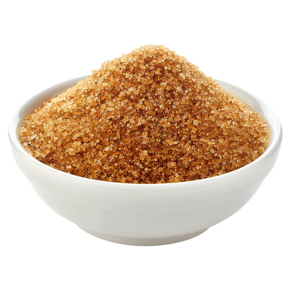 Brown cane sugar pile in white bowl isolated on transparent background png