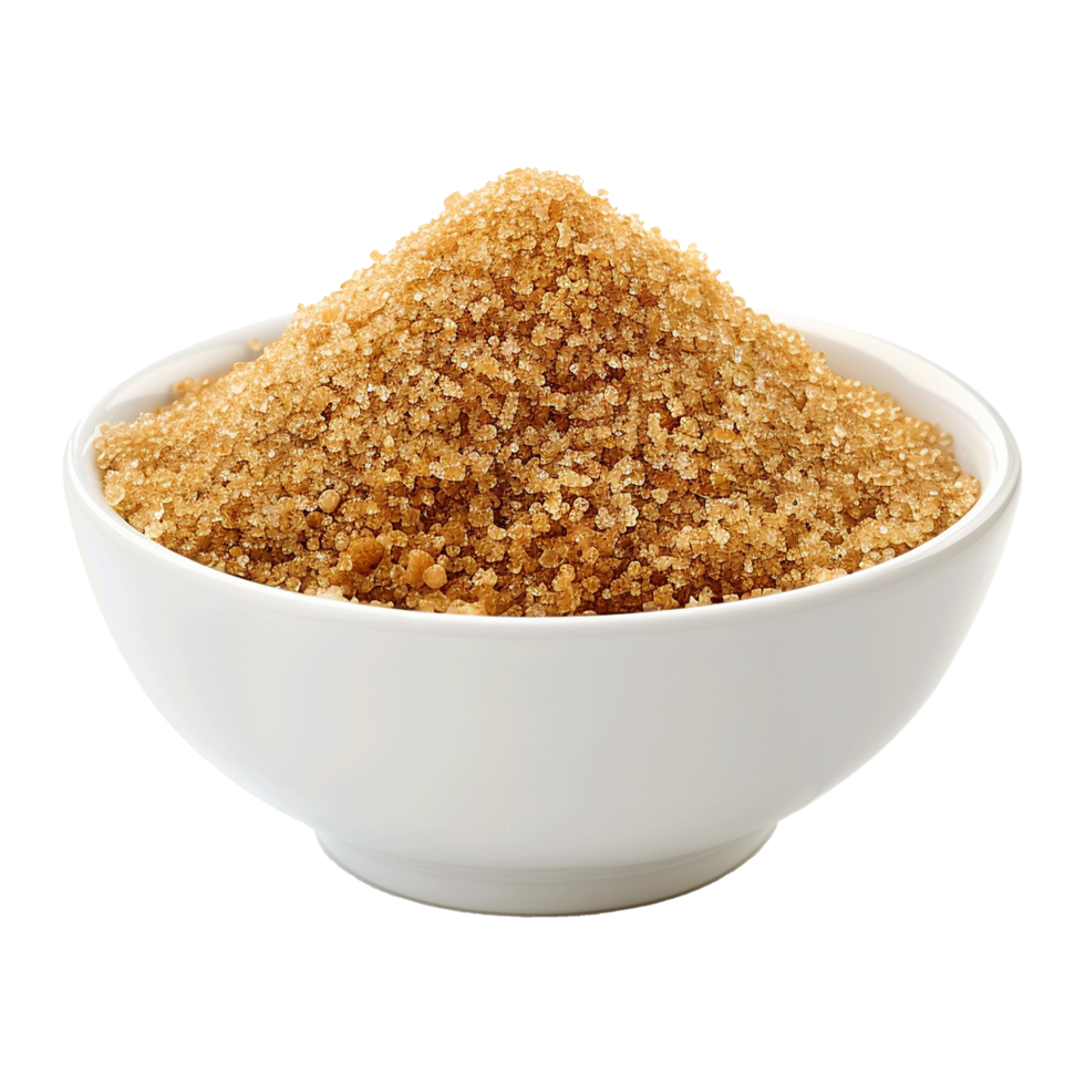 Brown cane sugar pile in white bowl isolated on transparent background png