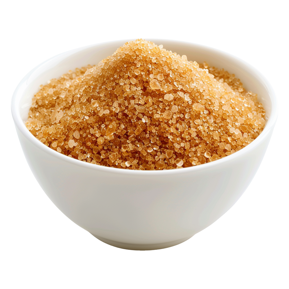 Brown cane sugar pile in white bowl isolated on transparent background png