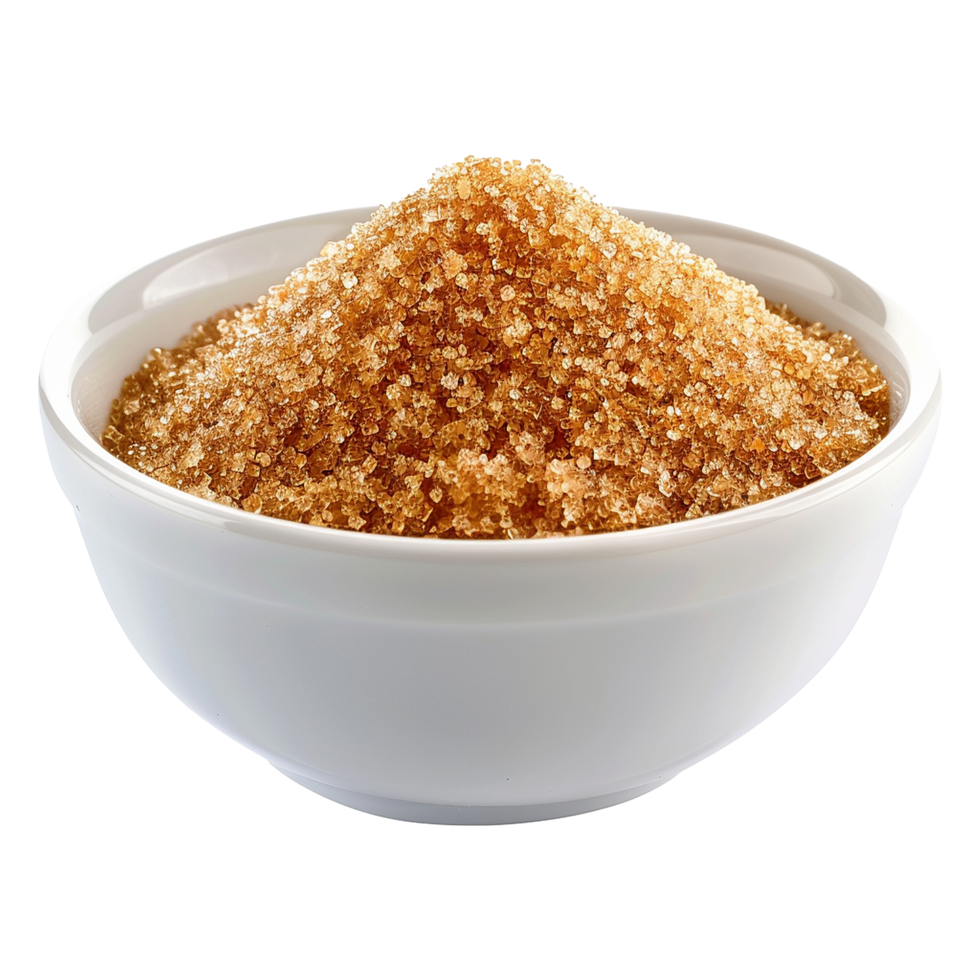 Brown cane sugar pile in white bowl isolated on transparent background png