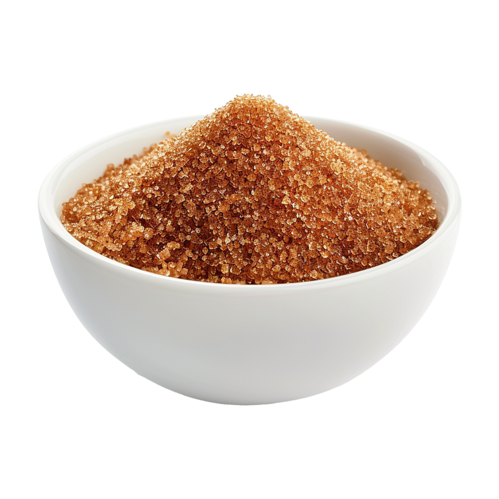 Brown cane sugar pile in white bowl isolated on transparent background png