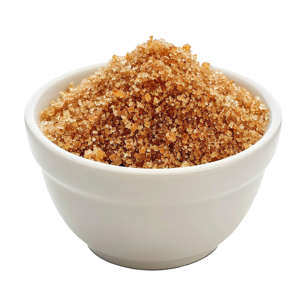 Brown cane sugar pile in white bowl isolated on transparent background png
