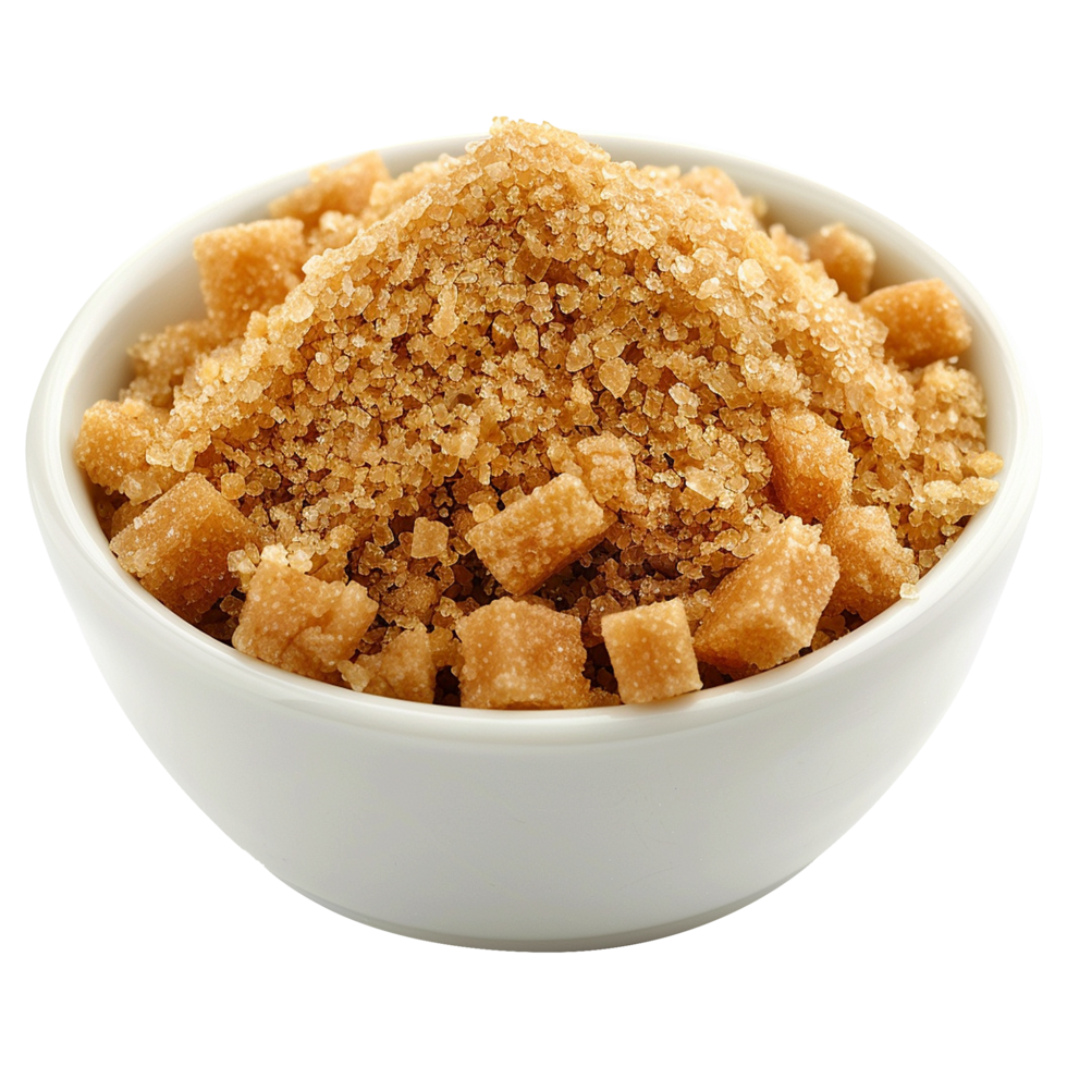 Brown cane sugar pile in white bowl isolated on transparent background png