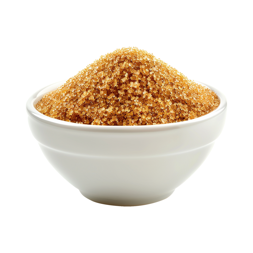 Brown cane sugar pile in white bowl isolated on transparent background png
