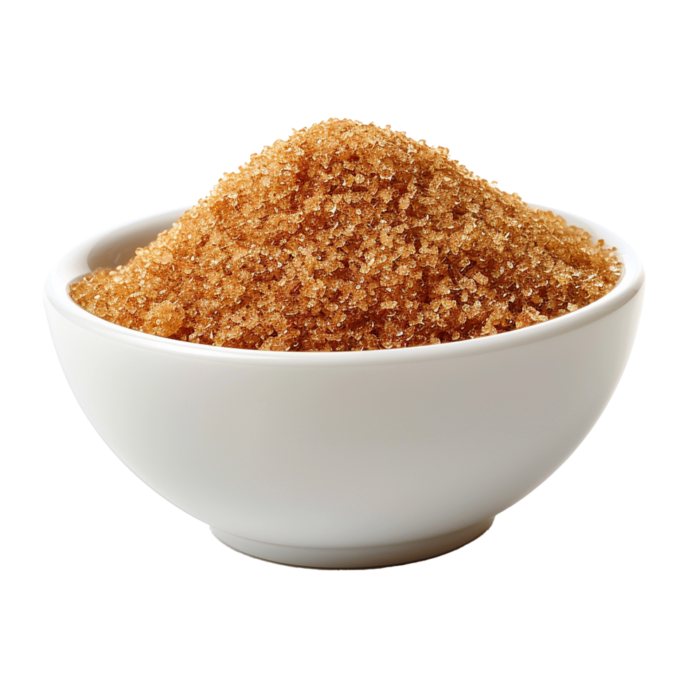 Brown cane sugar pile in white bowl isolated on transparent background png