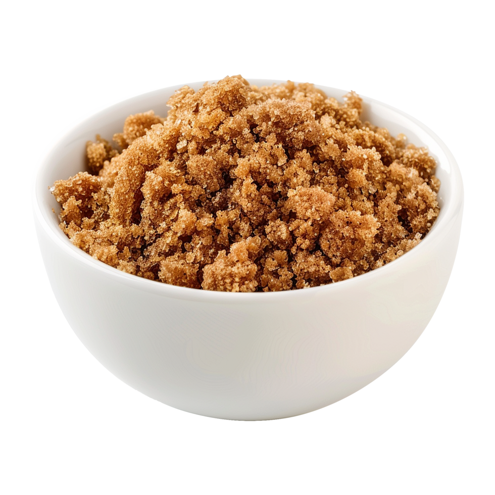 Brown cane sugar pile in white bowl isolated on transparent background png