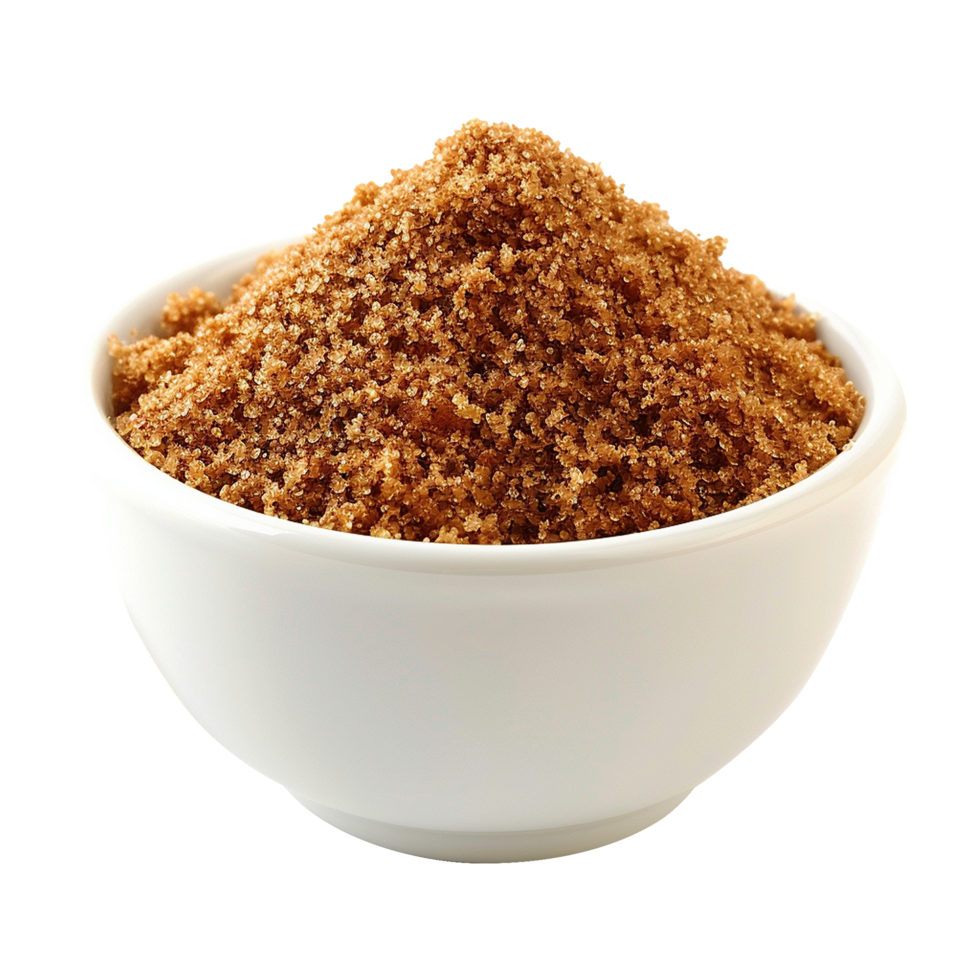 Brown cane sugar pile in white bowl isolated on transparent background png