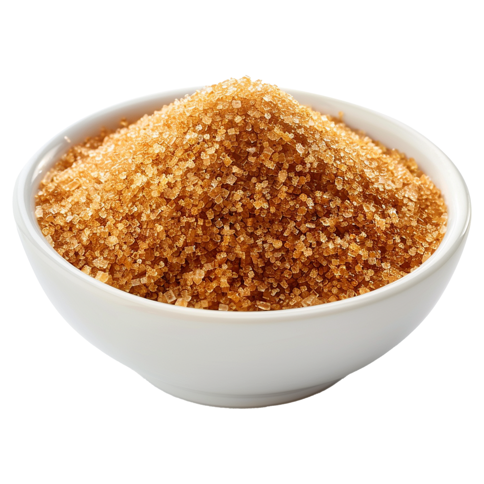 Brown cane sugar pile in white bowl isolated on transparent background png