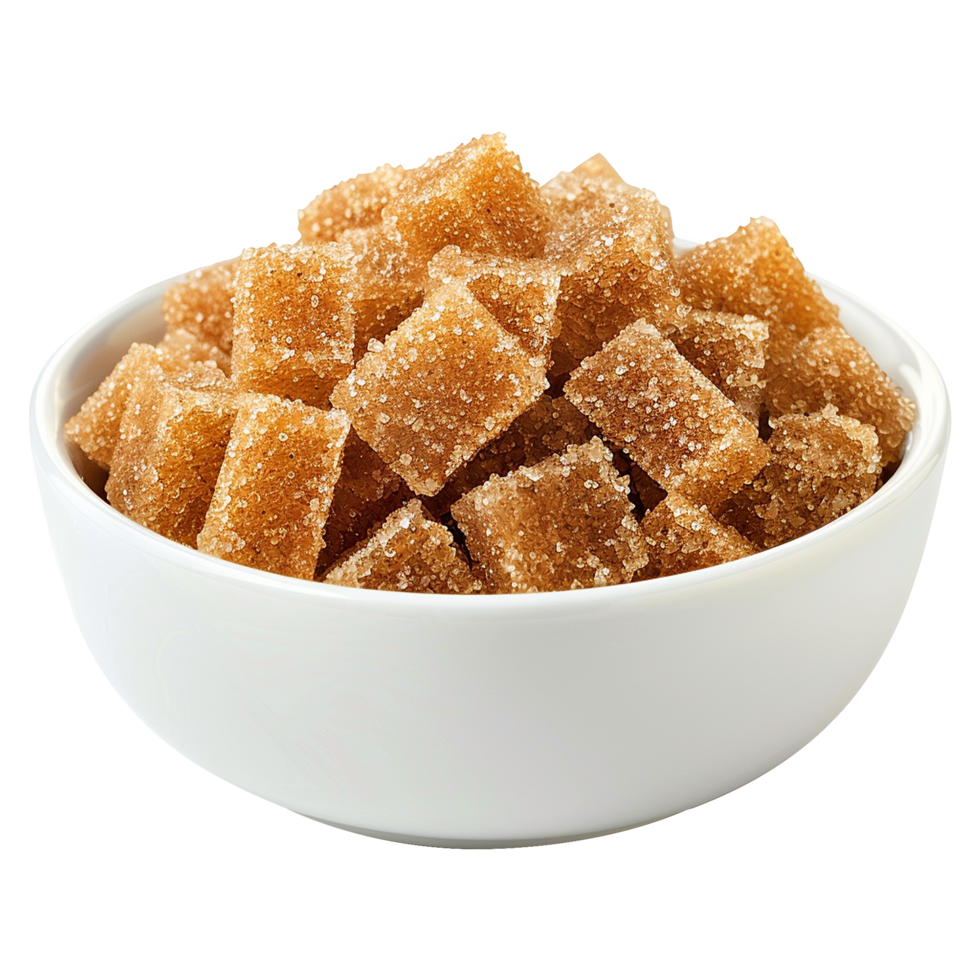 Brown cane sugar pile in white bowl isolated on transparent background png