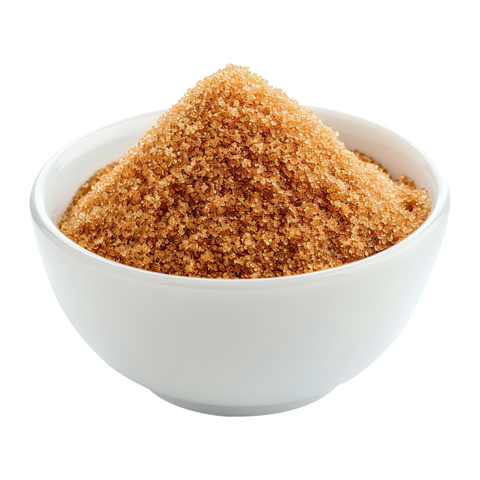 Brown cane sugar pile in white bowl isolated on transparent background png
