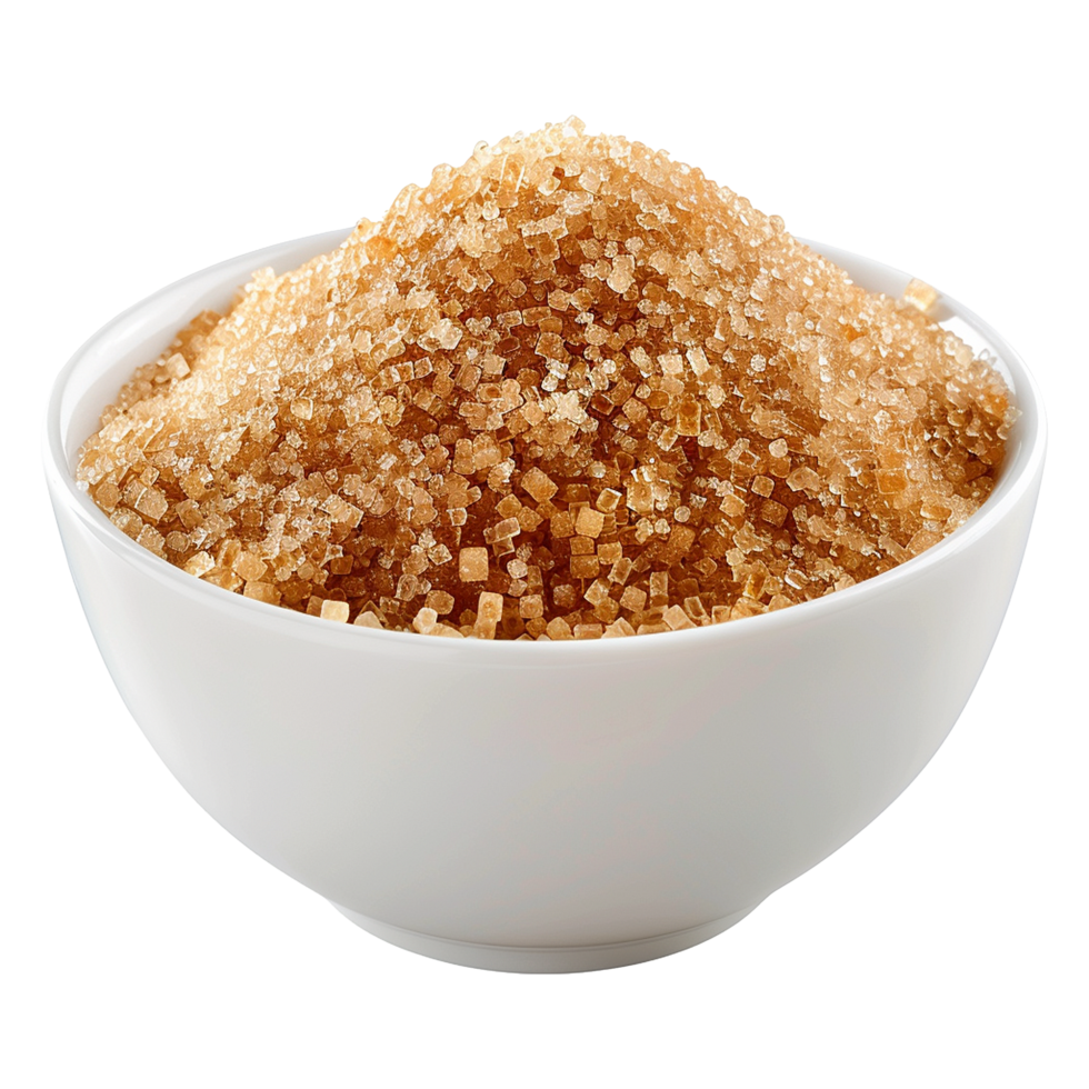 Brown cane sugar pile in white bowl isolated on transparent background png
