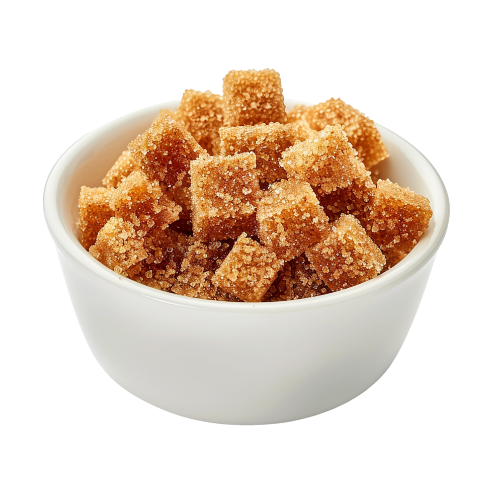 Brown cane sugar pile in white bowl isolated on transparent background png