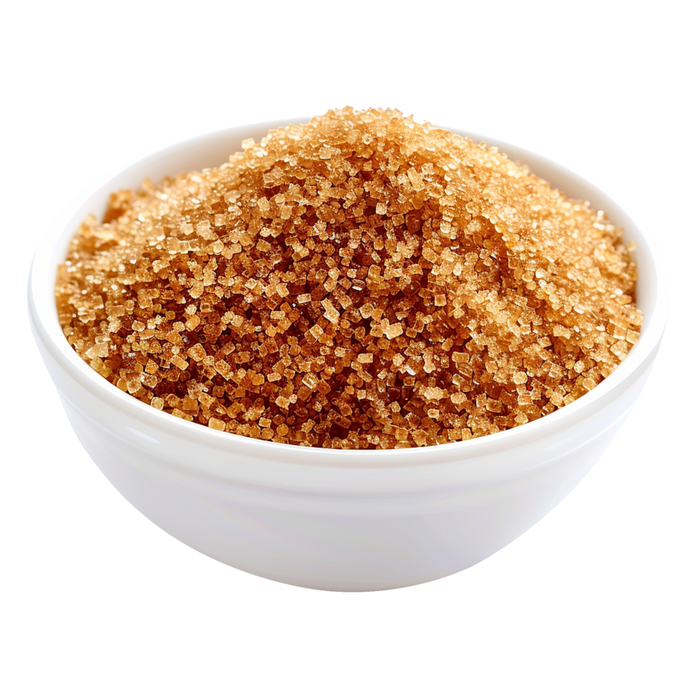 Brown cane sugar pile in white bowl isolated on transparent background png
