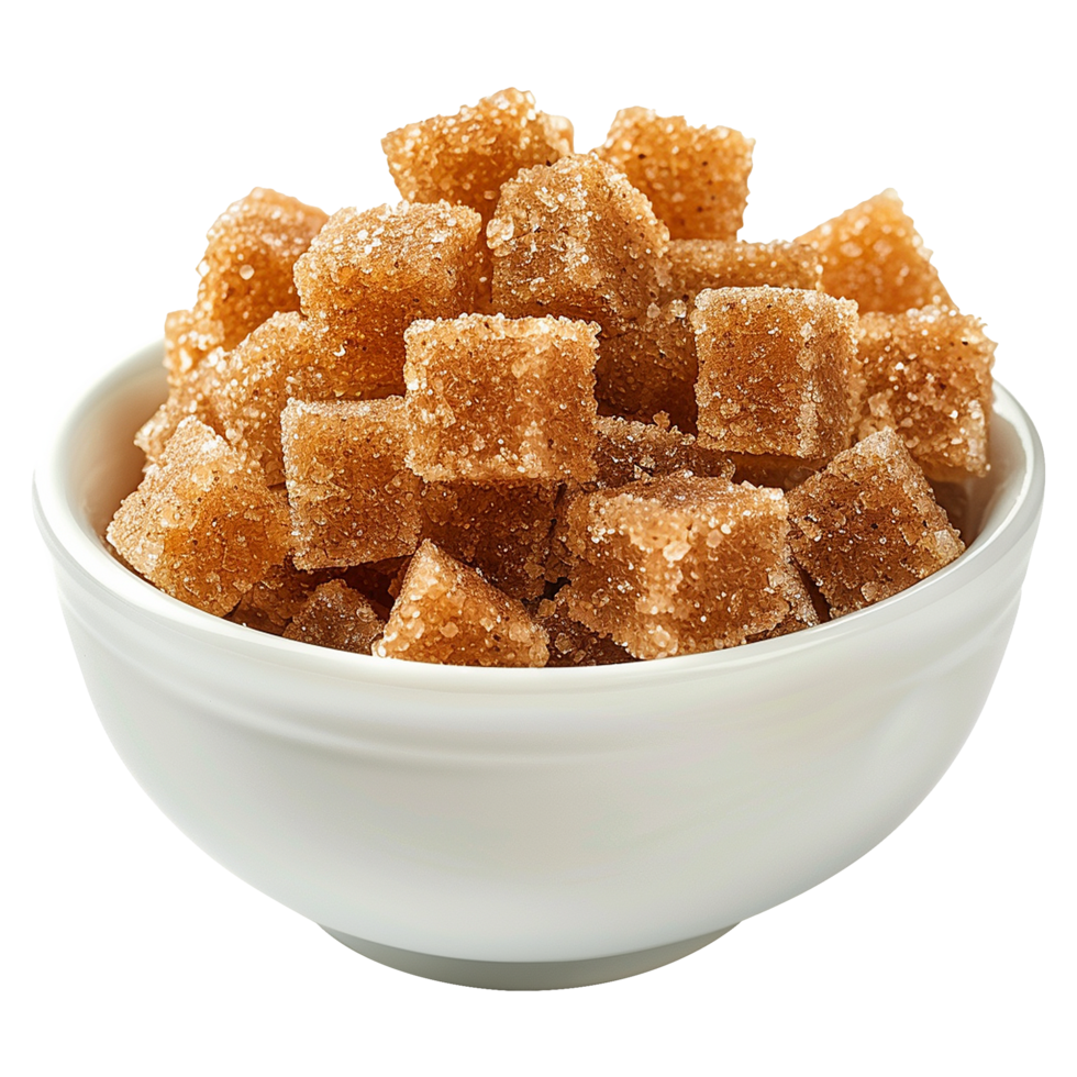 Brown cane sugar pile in white bowl isolated on transparent background png