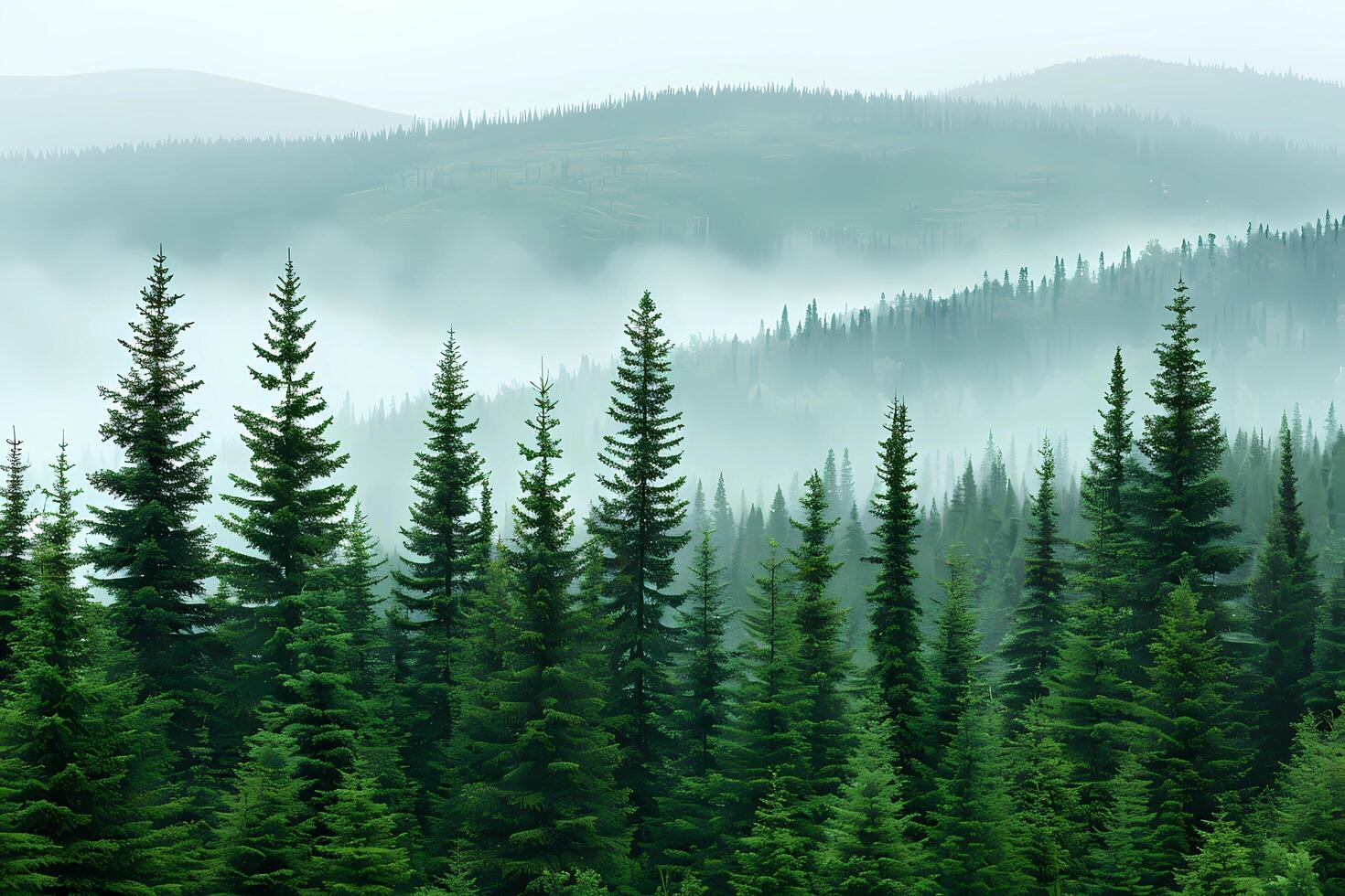 A panoramic view of the forest reveals dense green pine trees with mist rising from their tops, set against rolling hills photo
