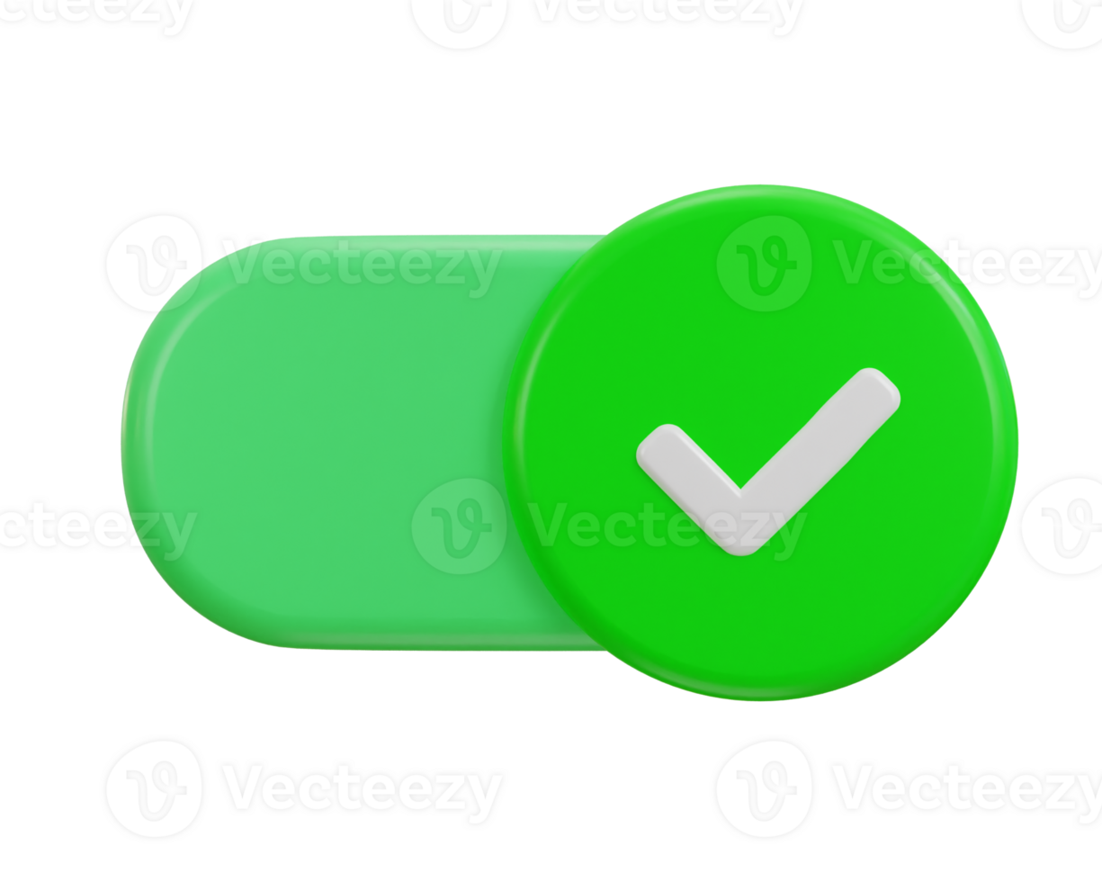 3d toggle switch on button icon in green color with check mark icon illustration png