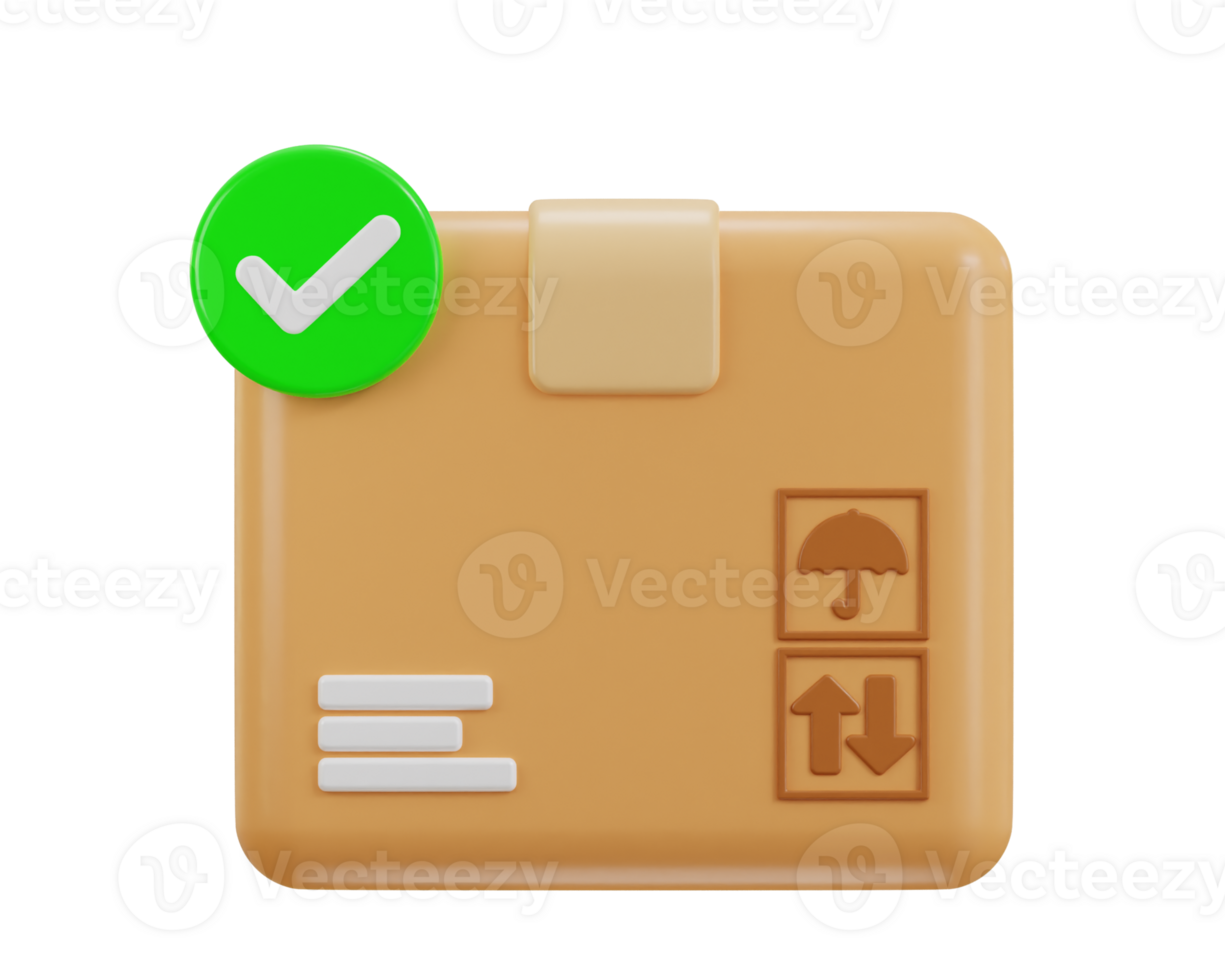 3D Cardboard box with check mark on Delivered order or package Approved to delivery box icon png
