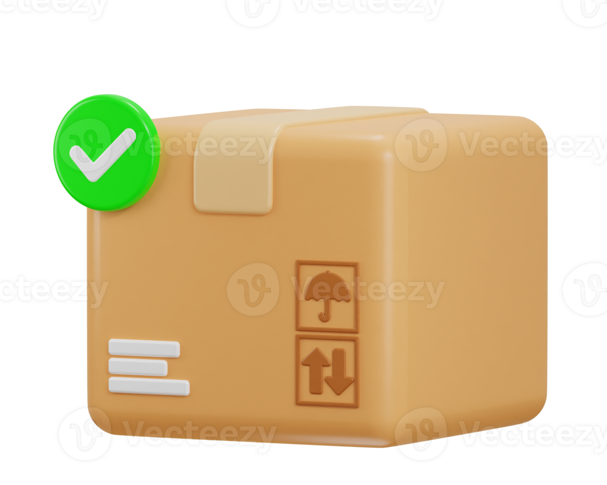 3D Cardboard box with check mark on Delivered order or package Approved to delivery box icon png