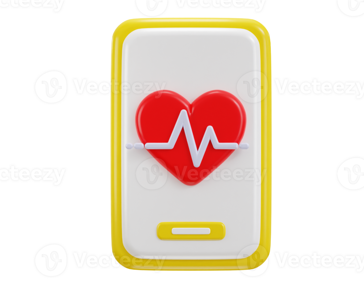 smartphone with red heart on white pulse line icon 3d rendering illustration png