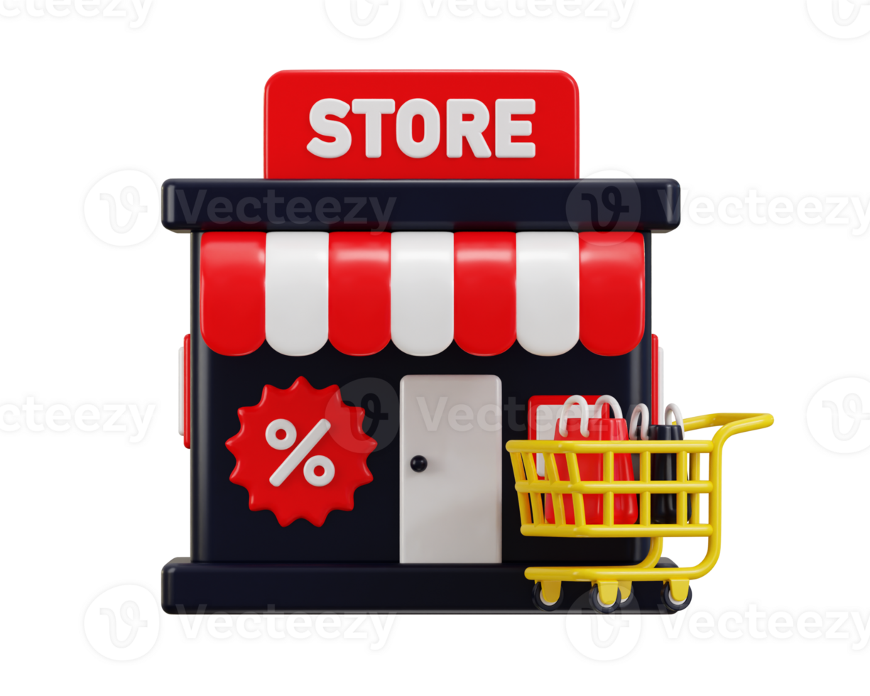 store icon with shopping cart, shopping beg and discount tag icon 3d rendering illustration png