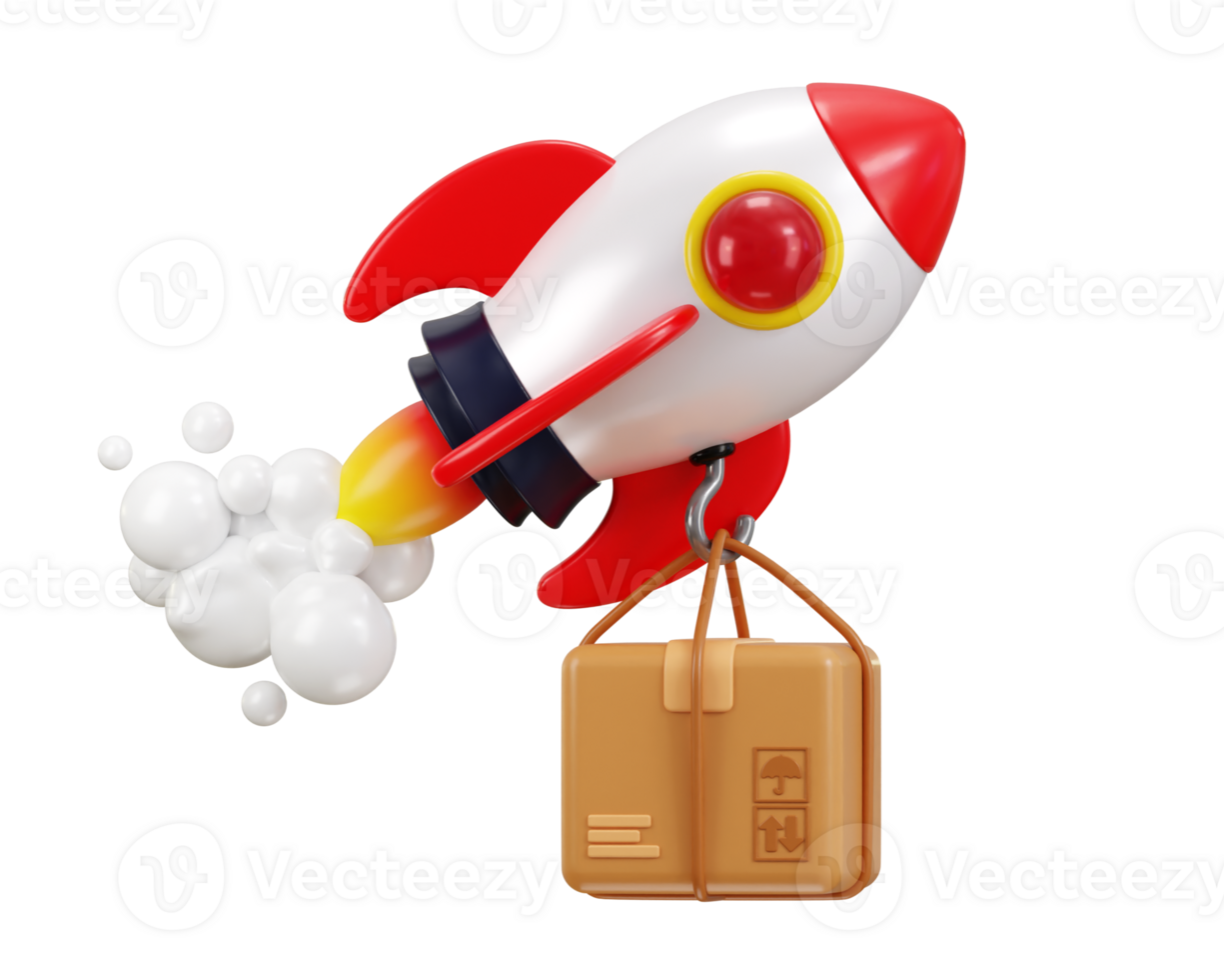 3d flying rocket on delivery box icon concept of fast delivery icon illustration png